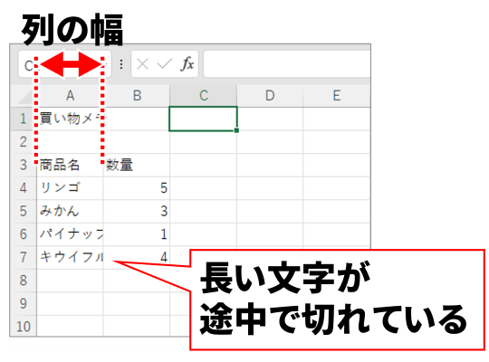 長い文字が途中で切れているセル